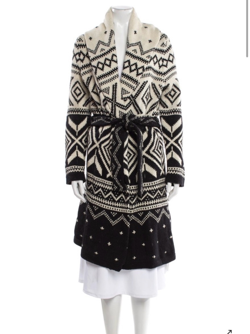 Lauren Ralph Lauren Black and Cream Geometric Belted Cardigan